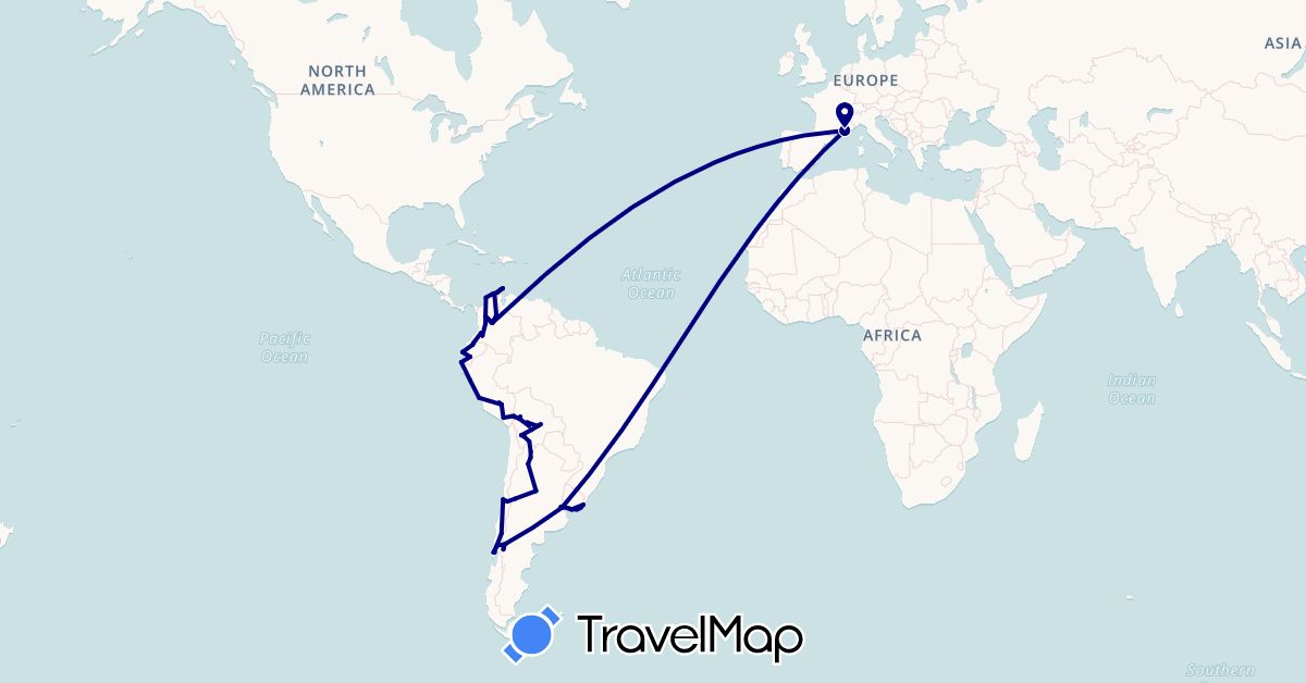 TravelMap itinerary: driving in Argentina, Bolivia, Chile, Colombia, Ecuador, France, Peru, Uruguay (Europe, South America)